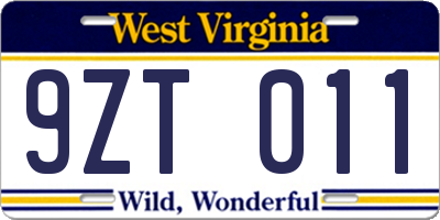 WV license plate 9ZT011