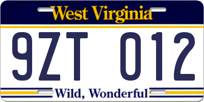 WV license plate 9ZT012