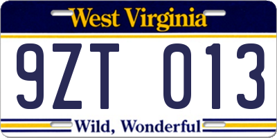 WV license plate 9ZT013