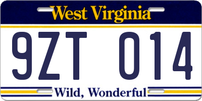 WV license plate 9ZT014