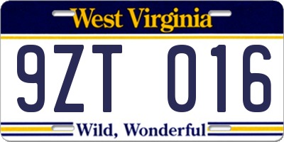 WV license plate 9ZT016