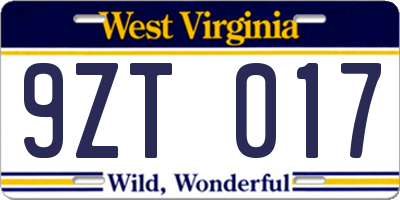 WV license plate 9ZT017