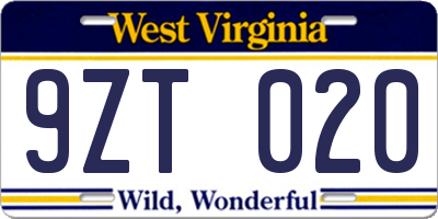 WV license plate 9ZT020