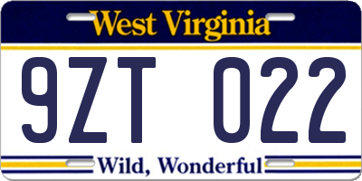 WV license plate 9ZT022