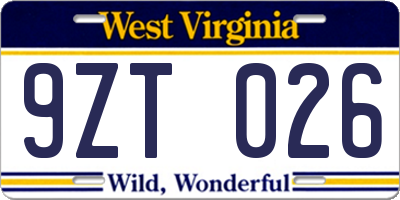 WV license plate 9ZT026