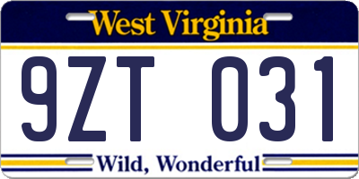 WV license plate 9ZT031