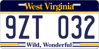 WV license plate 9ZT032