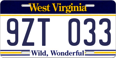 WV license plate 9ZT033