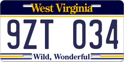 WV license plate 9ZT034