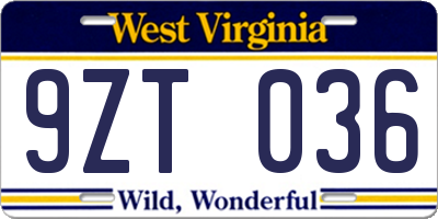 WV license plate 9ZT036
