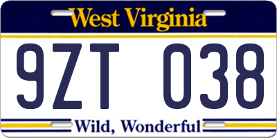 WV license plate 9ZT038