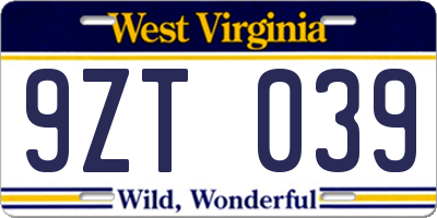 WV license plate 9ZT039