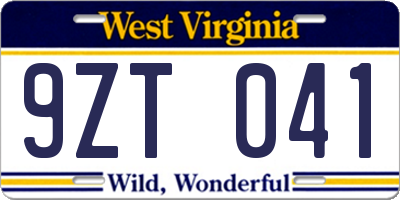 WV license plate 9ZT041