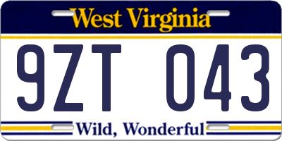 WV license plate 9ZT043