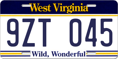 WV license plate 9ZT045