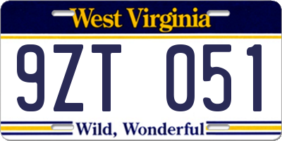 WV license plate 9ZT051