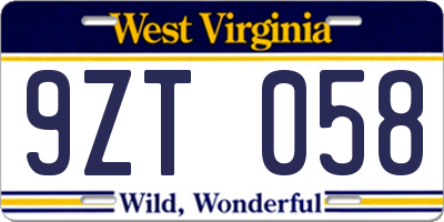 WV license plate 9ZT058