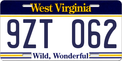 WV license plate 9ZT062