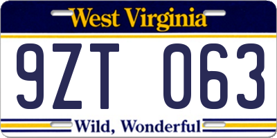WV license plate 9ZT063