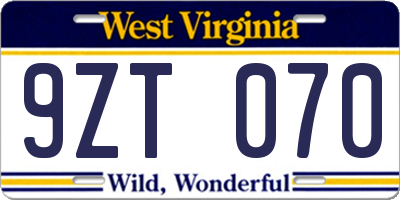 WV license plate 9ZT070