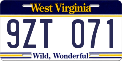 WV license plate 9ZT071