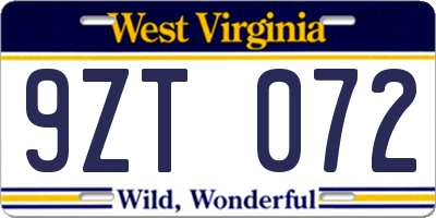 WV license plate 9ZT072