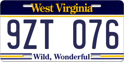 WV license plate 9ZT076