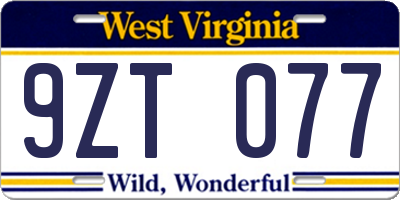 WV license plate 9ZT077