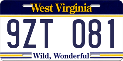 WV license plate 9ZT081