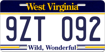 WV license plate 9ZT092