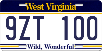 WV license plate 9ZT100