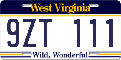 WV license plate 9ZT111