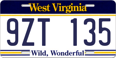 WV license plate 9ZT135
