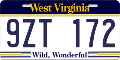 WV license plate 9ZT172