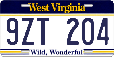WV license plate 9ZT204