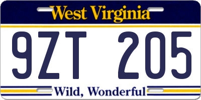 WV license plate 9ZT205