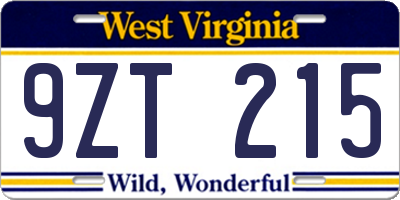 WV license plate 9ZT215