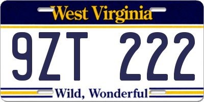 WV license plate 9ZT222