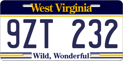 WV license plate 9ZT232