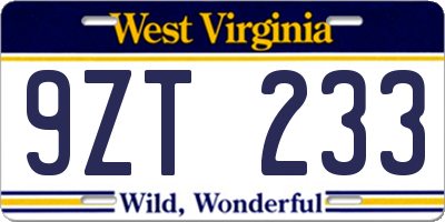 WV license plate 9ZT233