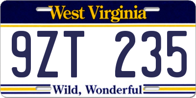 WV license plate 9ZT235