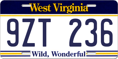 WV license plate 9ZT236
