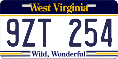 WV license plate 9ZT254