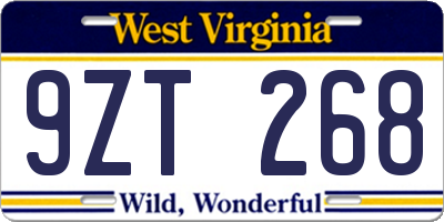WV license plate 9ZT268