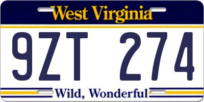WV license plate 9ZT274