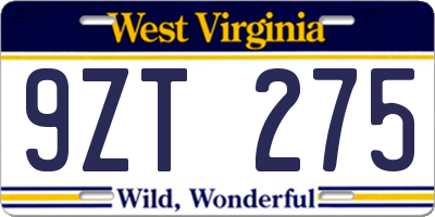 WV license plate 9ZT275