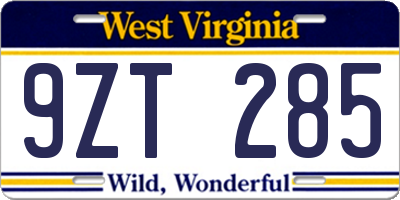 WV license plate 9ZT285