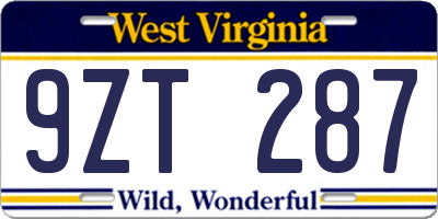 WV license plate 9ZT287