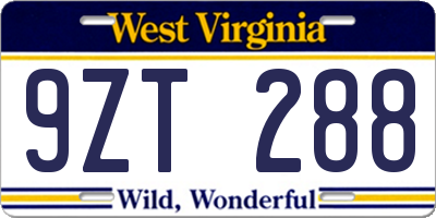 WV license plate 9ZT288