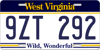 WV license plate 9ZT292
